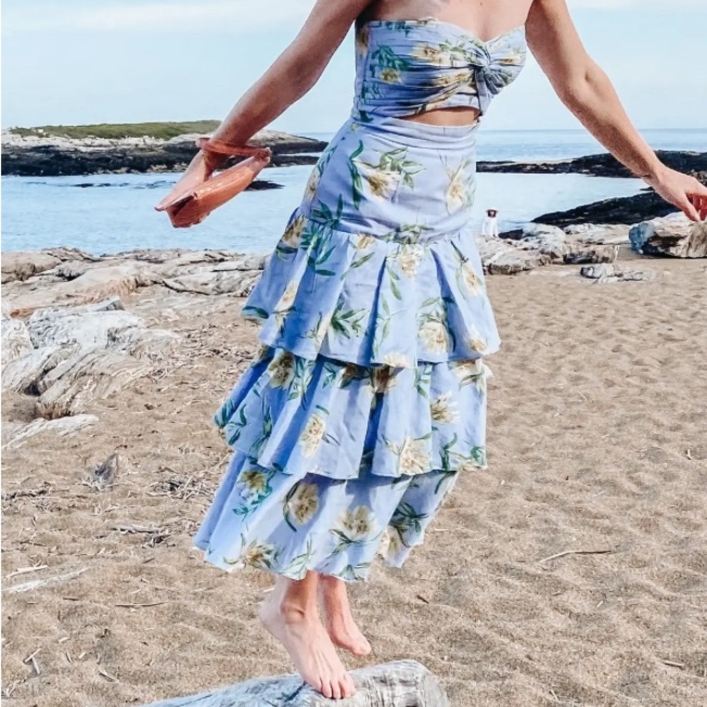 AMUR Lavender / Blue Floral Midi strapless cutout Dress